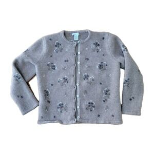 VTG Eagle Eye Button Front Beaded Embroidered Cardigan Sweater Lambs Wool